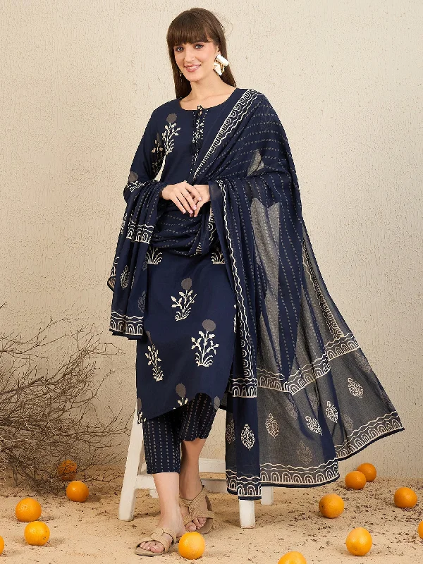 Women Navy Blue Printed Straight Kurta Trousers With Dupatta Set - Taantav Trousers Flared Retro