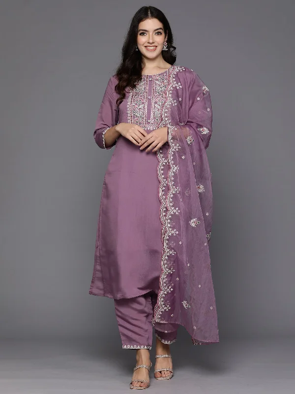 Women Lavender Embroidered Straight Kurta Trousers With Dupatta Set - Taantav Trousers Party Sparkling