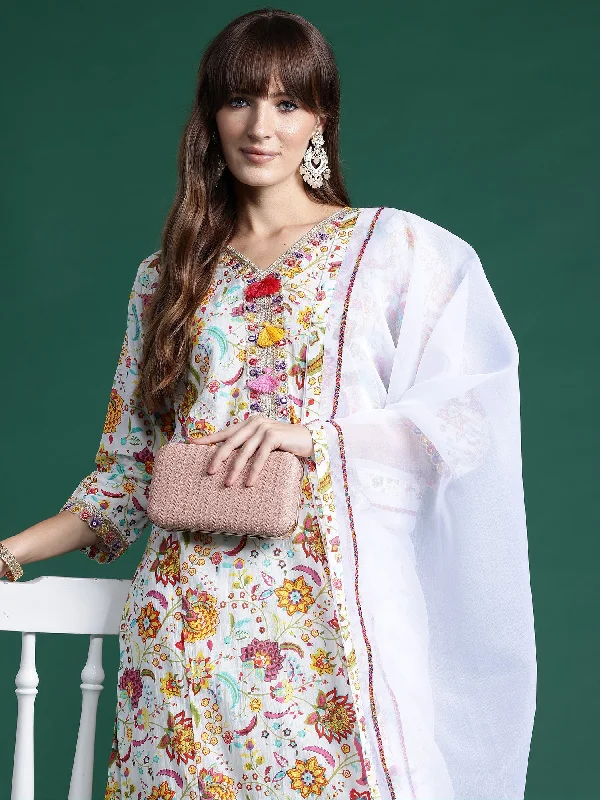 Women Off White Printed Straight Kurta Trousers With Dupatta Set - Taantav Trousers Winter Warm