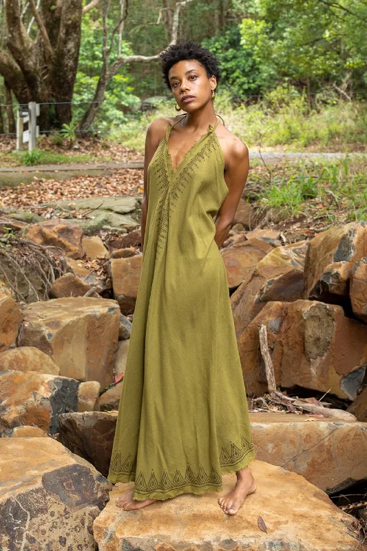 SELENA Long Dress Goddess Olive Green Maxi Open Back Cotton Festival Boho Naturally Dyed Block Printed Tribal Hippie Patterns Earthy AJJAYA SELENA Long Dress Goddess Olive Green Maxi Open Back Cotton Festival Boho Naturally Dyed Block Printed Tribal Hippie Patterns Earthy AJJAYA
