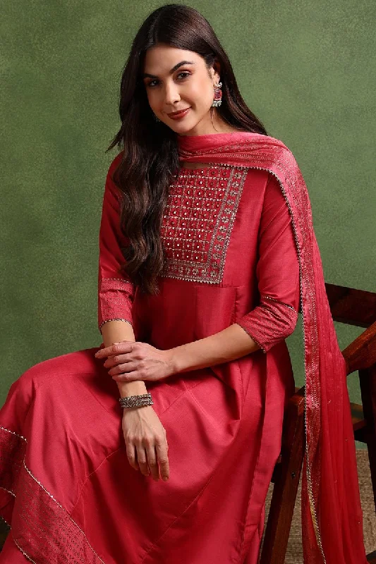 Ahika Rose Poly Silk Solid Yoke Design Kurta Trousers With Dupatta Trousers Lace Delicate