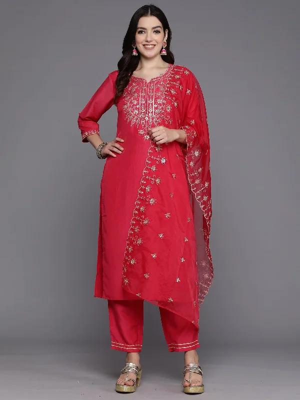 Women Pink Embroidered Straight Kurta Trousers With Dupatta Set - Taantav Trousers Fleece Cozy