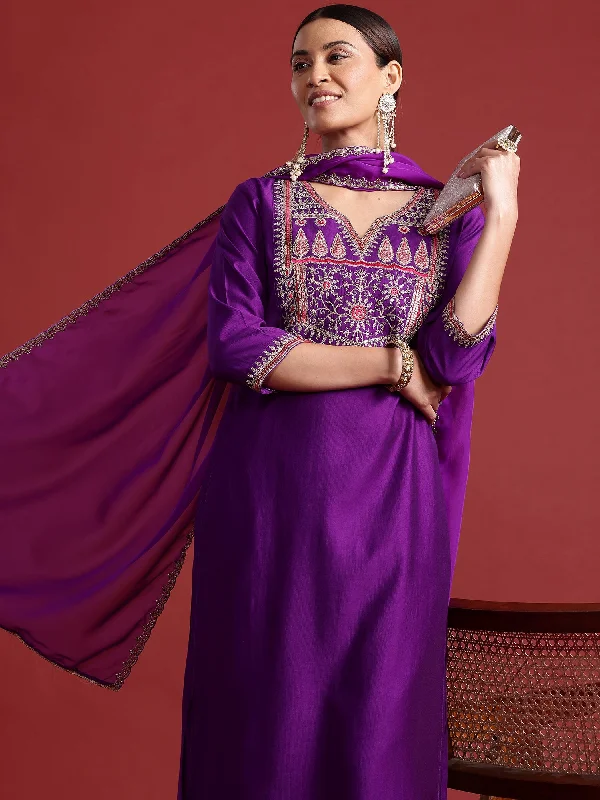 Women Purple Embroidered Straight Kurta Trousers With Dupatta Set - Taantav Trousers stylish modern