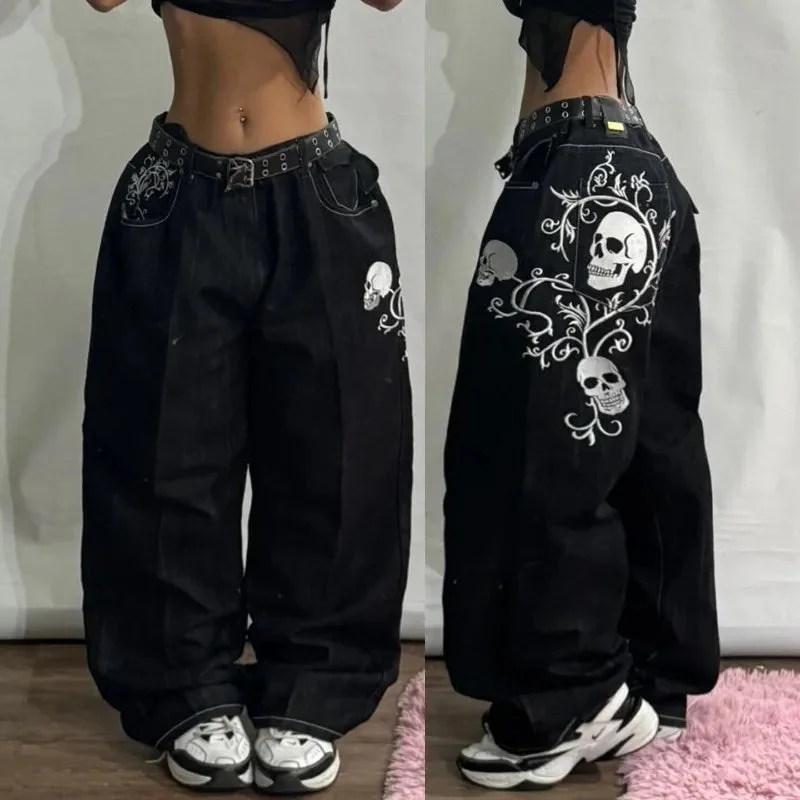 Advbridge 90s Streetwear Street Fashion New Oversized Skull Print Baggy Jeans Women Y2K Harajuku Vintage Gothic High Waist Casual Wide-leg Pants Trousers Trousers Denim Blue