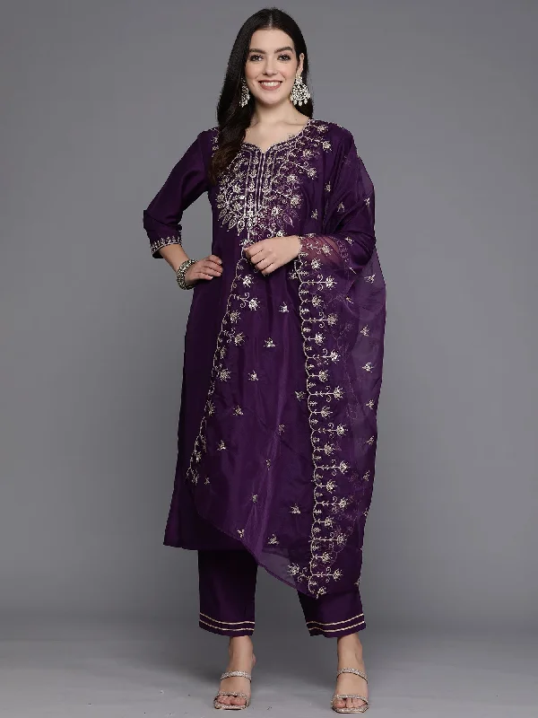 Women Purple Embroidered Straight Kurta Trousers With Dupatta Set - Taantav Trousers Velvet Soft