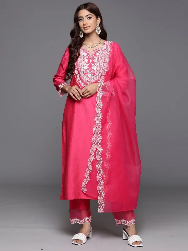 Women Pink Embroidered Straight Kurta Trousers With Dupatta Set - Taantav Trousers Review Highly