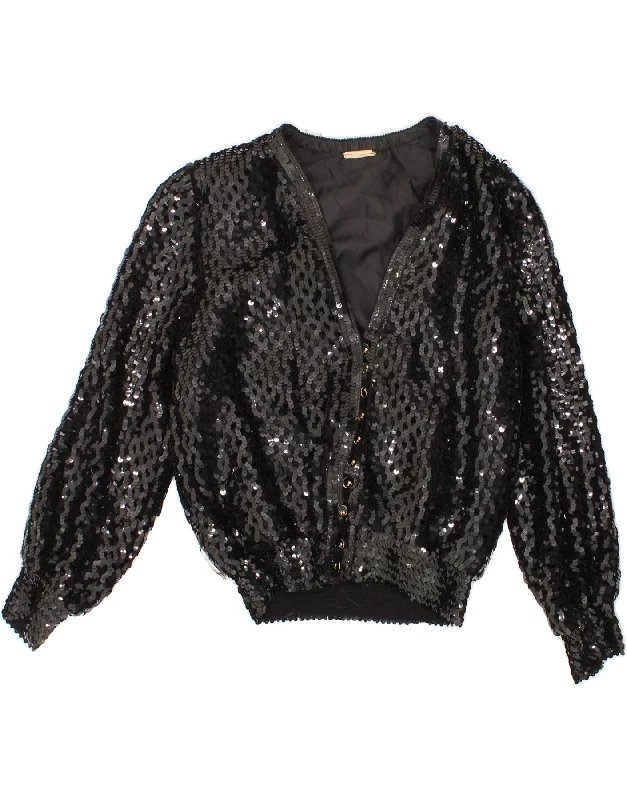 VINTAGE Womens Sequin Cardigan Top UK 12 Medium Black Cotton Fabric Linen Fabric Terry Fabric