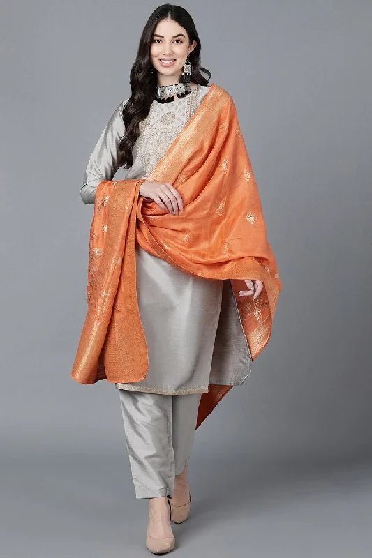 Ahika Grey Poly Silk Embroidered Kurta Trousers With Dupatta Trousers Trousers Formal