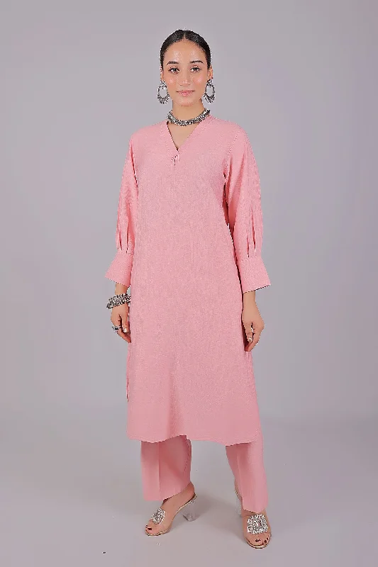 Bluesaanchi Women's Baby Pink Kurti With Trouser Pajama Set Trousers fashionable chic