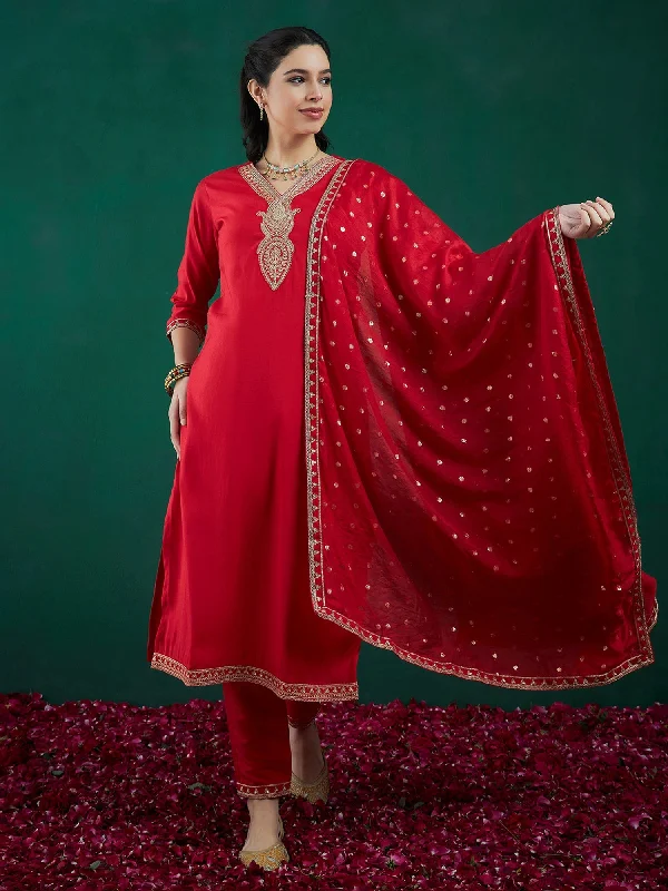 Women Red Embroidered Straight Kurta Trousers With Dupatta Set - Taantav Trousers Vintage Classic