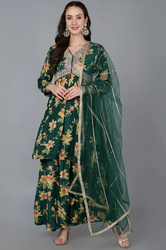 Ahika Green Chanderi Silk Floral A-Line Kurta Trousers With Dupatta Trousers cozy soft