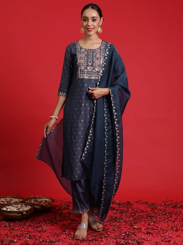 Women Blue Embroidered Straight Kurta Trousers With Dupatta Set - Taantav Trousers Satin Smooth