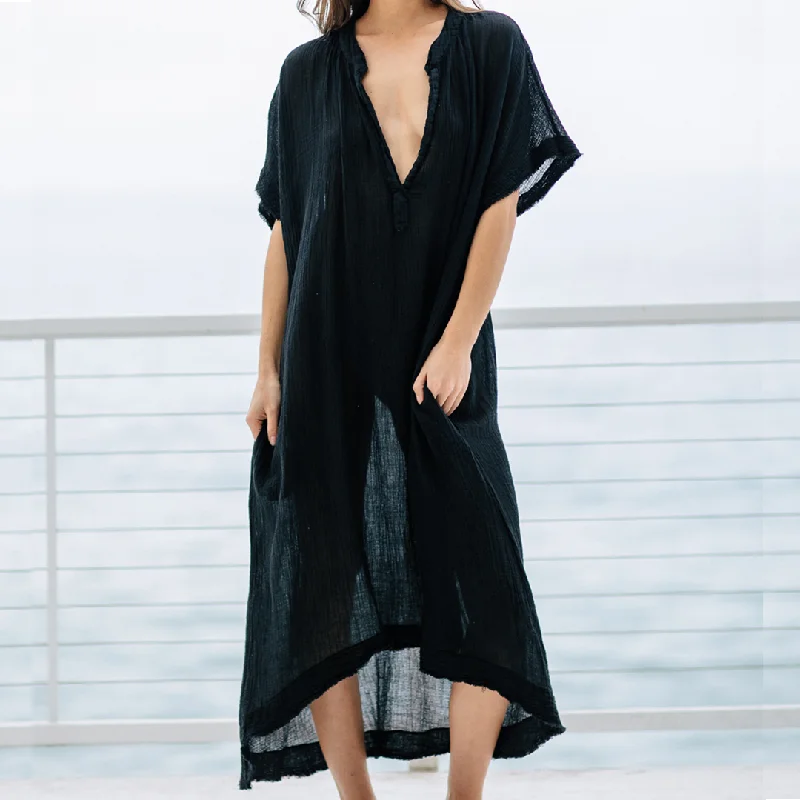 Tunisia Caftan Lightweight Gauze Dress - Black