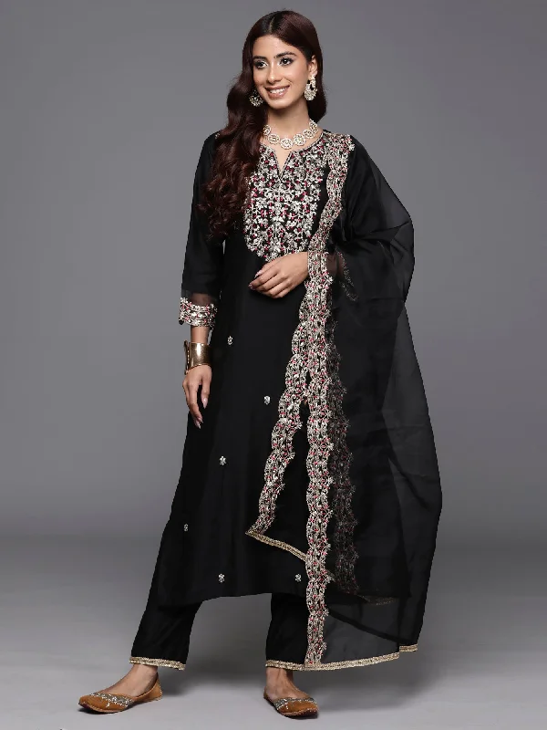 Women Black Embroidered Straight Kurta Trousers With Dupatta Set - Taantav Trousers Floral Bohemian