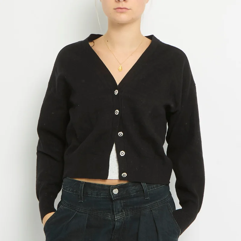 Diamonte Button Detail Cropped Knitted Cardigan- UK 8 Zippered Buttoned Snapped