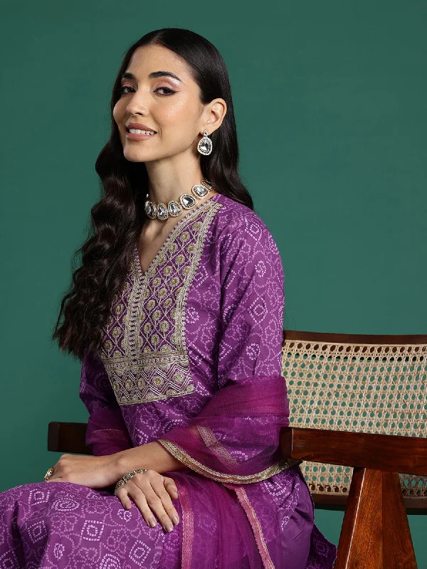 Women Purple Embroidered Straight Kurta Trousers With Dupatta Set - Taantav Trousers Travel Practical