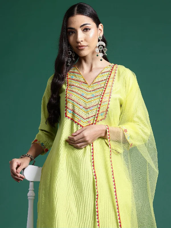 Women Green Embroidered Straight Kurta Trousers With Dupatta Set - Taantav Trousers versatile functional