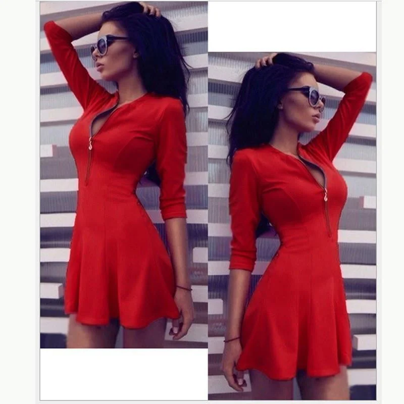 Summer Autumn Fashion Dress Pleated Neckline V Solid Woman Celebration Party Bodycon Mini Summer Dress Vestidos