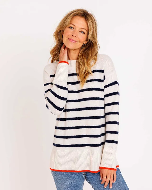 Womans Bexley Striped Crew Sweater in Ivory/Navy/Persimmon - order size down, runs large Anti-Pilling Anti-Shrink Durable