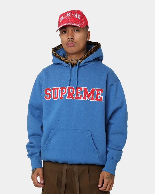 Supreme Leopard Trim Hooded Sweatshirt Blue Hoodie with Ribbed Cuffs Snug Fit Comfort Supreme Leopard Trim Hooded Sweatshirt Blue Hoodie with Ribbed Cuffs Snug Fit Comfort