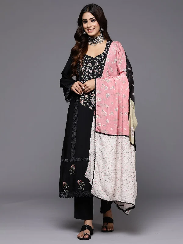 Women Black Embroidered Straight Kurta Trousers With Dupatta Set - Taantav Trousers Harem Relaxed Fit