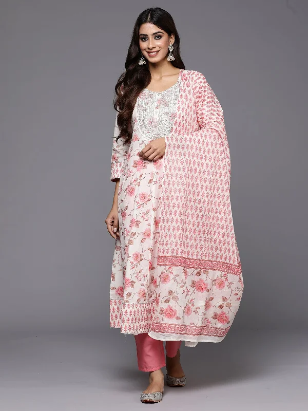 Women Off White Embroidered A-Line Kurta Trousers With Dupatta Set - Taantav Trousers Sale Discount