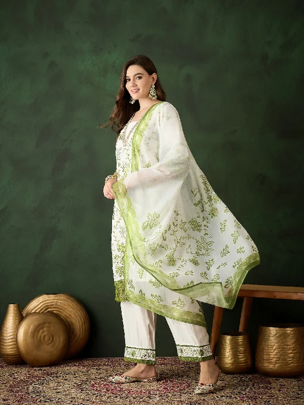 Green & White Roman Silk Embroidered Kurta With Trouser & Dupatta - Bhumi Trousers Travel Practical