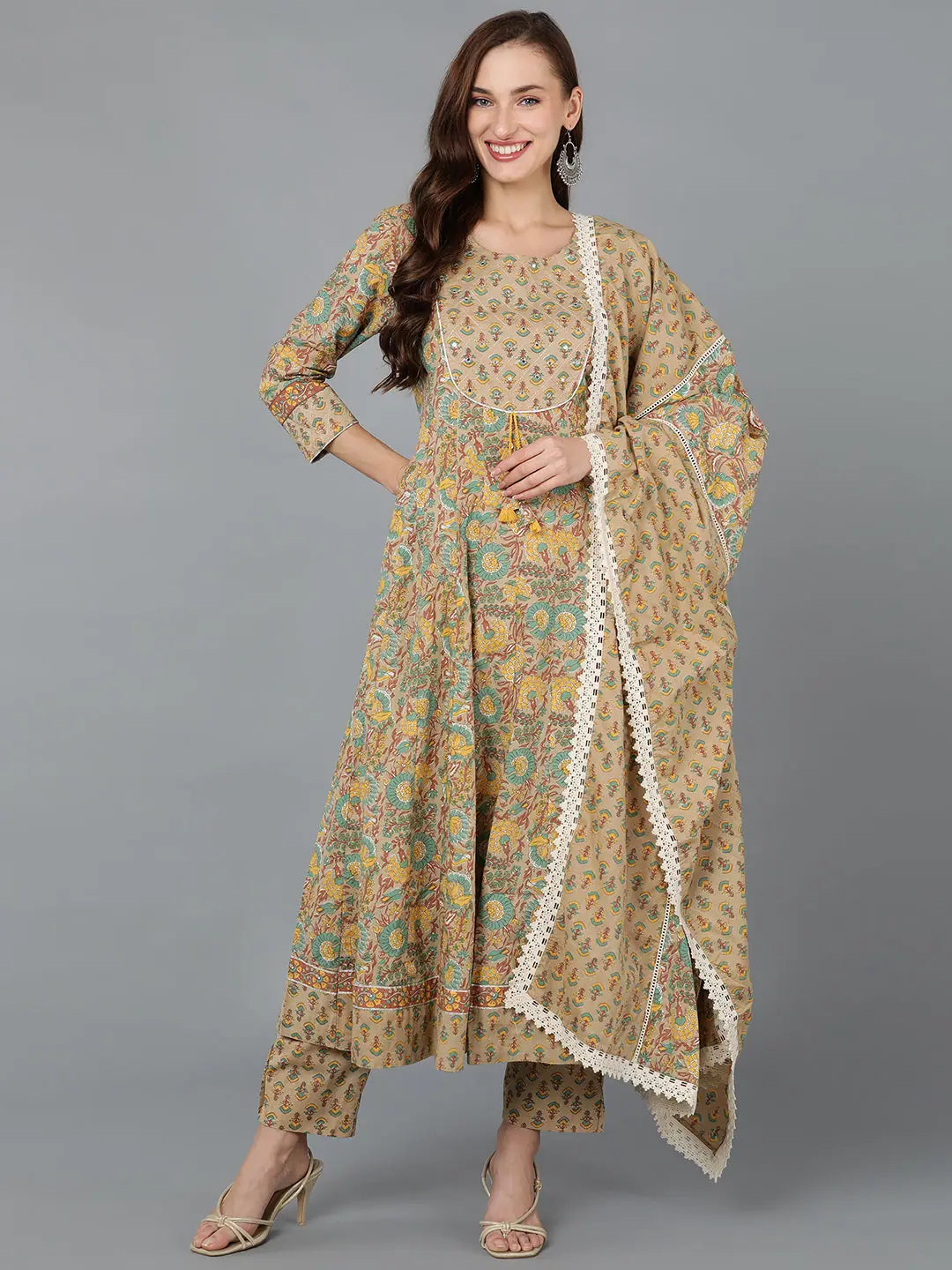 Ahika Women Cotton Printed Kurta Trouser With Trousers Palazzo Wide Leg