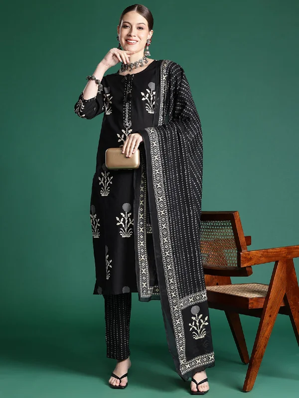 Women Black Printed Straight Kurta Trousers With Dupatta Set - Taantav Trousers Handmade Artisanal