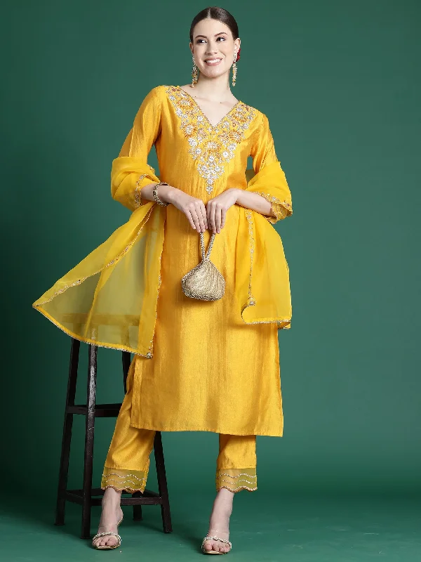 Women Yellow Embroidered Straight Kurta Trousers With Dupatta Set - Taantav Trousers Favorite Customer