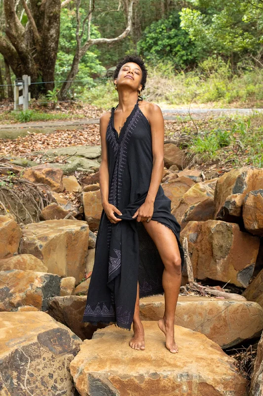 SELENA Long Dress Goddess Black Raven Maxi Open Back Cotton Festival Boho Naturally Dyed Block Printed Tribal Hippie Patterns Earthy AJJAYA SELENA Long Dress Goddess Black Raven Maxi Open Back Cotton Festival Boho Naturally Dyed Block Printed Tribal Hippie Patterns Earthy AJJAYA