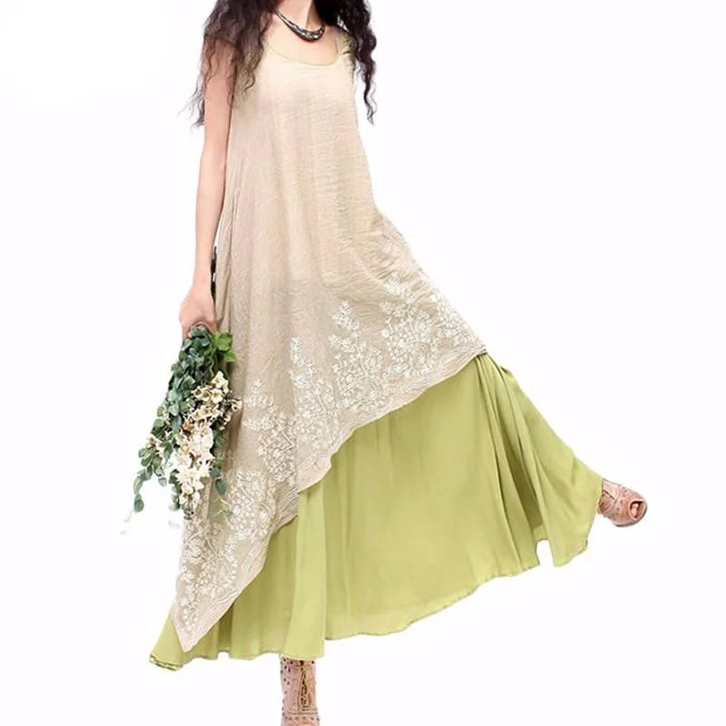 Summer Women Vintage Casual Loose Dress O Neck Short Sleeve Floral Embroidery Two Layers Dress Oversized Summer Women Vintage Casual Loose Dress O Neck Short Sleeve Floral Embroidery Two Layers Dress Oversized