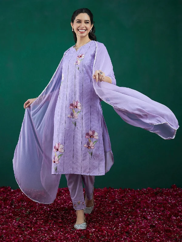 Women Purple Printed Straight Kurta Trousers With Dupatta Set - Taantav Cropped Trousers Casual Linen