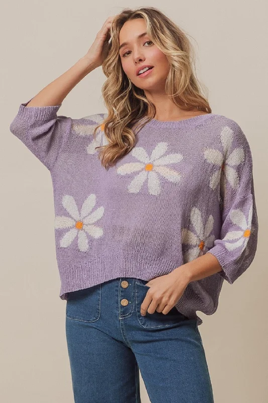 Blue Zone Planet |  BiBi Floral Pattern Slit Sweater Lightweight Heavyweight Midweight