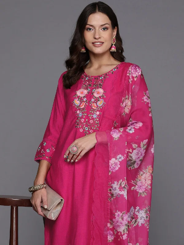 Women Magenta Embroidered Straight Kurta Trousers With Dupatta Set - Taantav Trousers Exclusive Limited