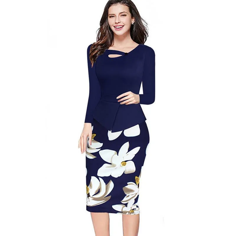 Women Floral Print Patchwork Working Sheath Long Sleeve Bodycon Office Plus Size 4XL 5XL Pencil Dress
