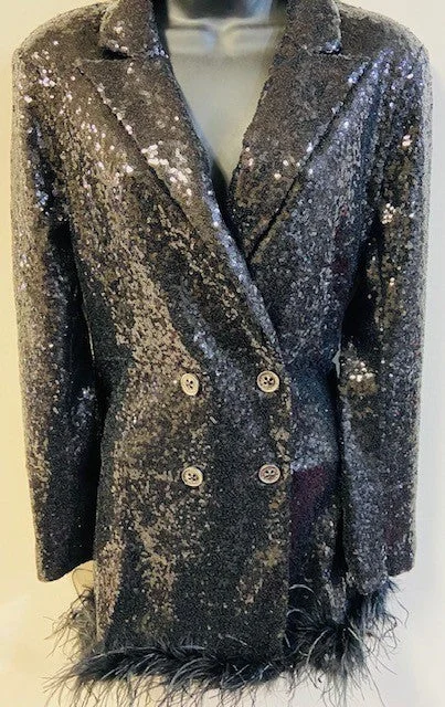 BLACK SEQUIN FEATHER DOUBLE BUTTON JACKET Tailored Jacket Straight Jacket A-Line Jacket BLACK SEQUIN FEATHER DOUBLE BUTTON JACKET Tailored Jacket Straight Jacket A-Line Jacket