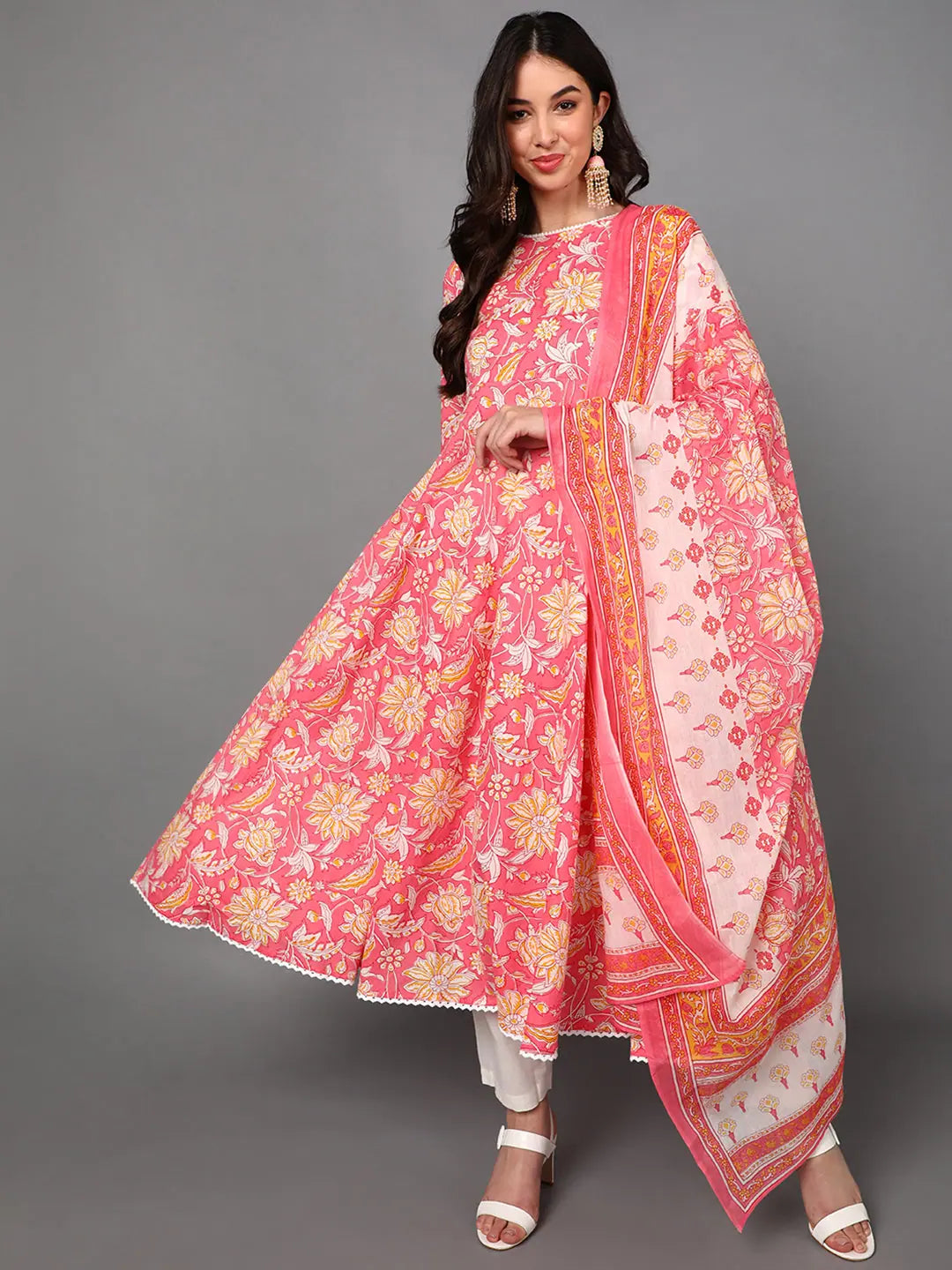 Ahika Cotton Floral Printed Kurta Trousers Dupatta-VKSKD1429_S Trousers Pleated Formal