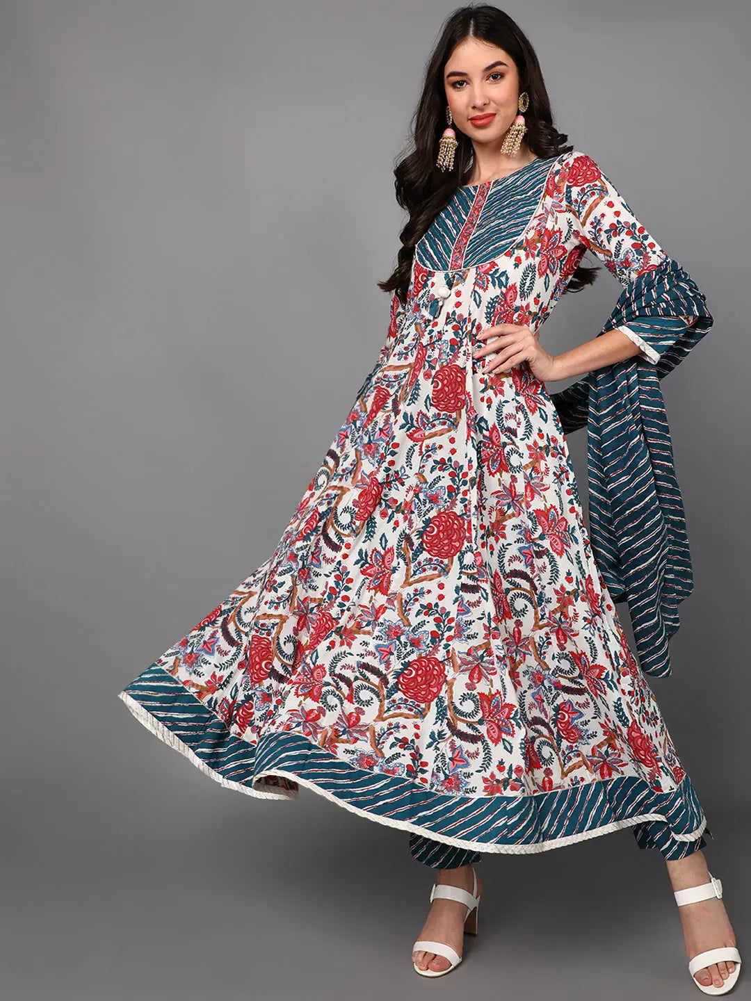 Ahika Cotton Floral Printed Kurta Trousers Dupatta-VKSKD1417_S Trousers Elastic Waist Soft