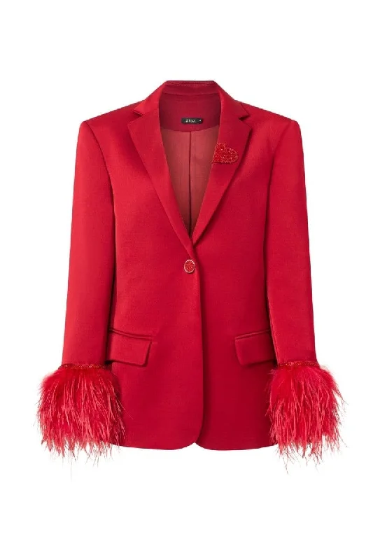 RED KELLY TAFFETA FEATHER SUIT JACKET Snapped Jacket Toggled Jacket Drawstring Jacket RED KELLY TAFFETA FEATHER SUIT JACKET Snapped Jacket Toggled Jacket Drawstring Jacket