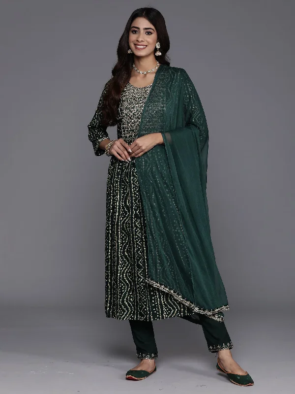 Women Green Embroidered A-Line Kurta Trousers With Dupatta Set - Taantav Trousers versatile all-occasion