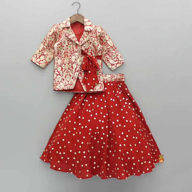 Pre Order: Red Brocade Jacket Style Top And Lehenga Nylon Jacket Polyester Jacket Spandex Jacket Pre Order: Red Brocade Jacket Style Top And Lehenga Nylon Jacket Polyester Jacket Spandex Jacket