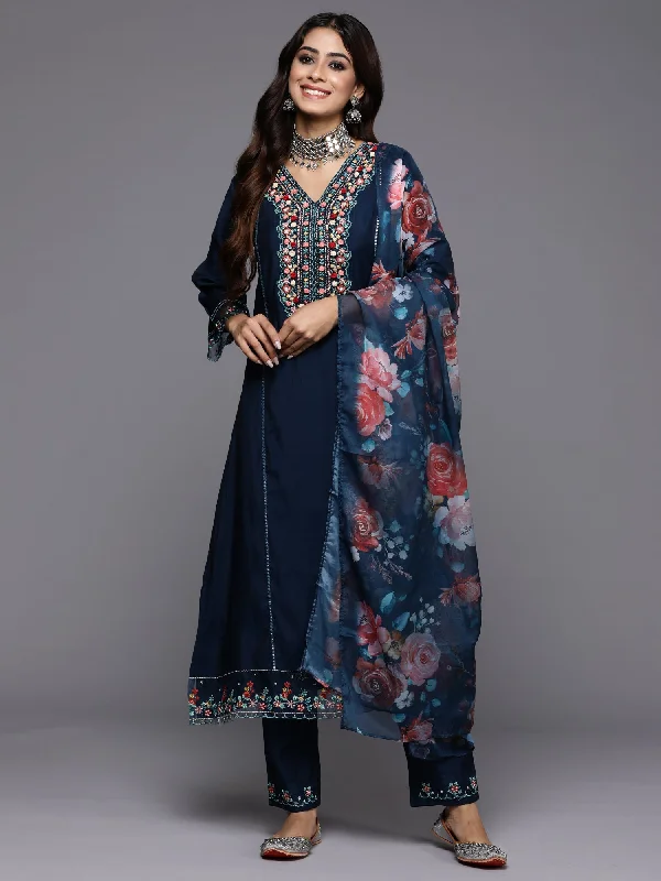 Women Blue Embroidered A-Line Kurta Trousers With Dupatta Set - Taantav Trousers Pleated Formal