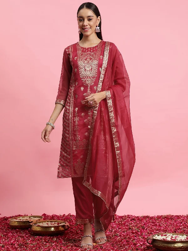 Women Pink Woven Design Straight Kurta Trousers With Dupatta Set - Taantav Trousers Office Stylish