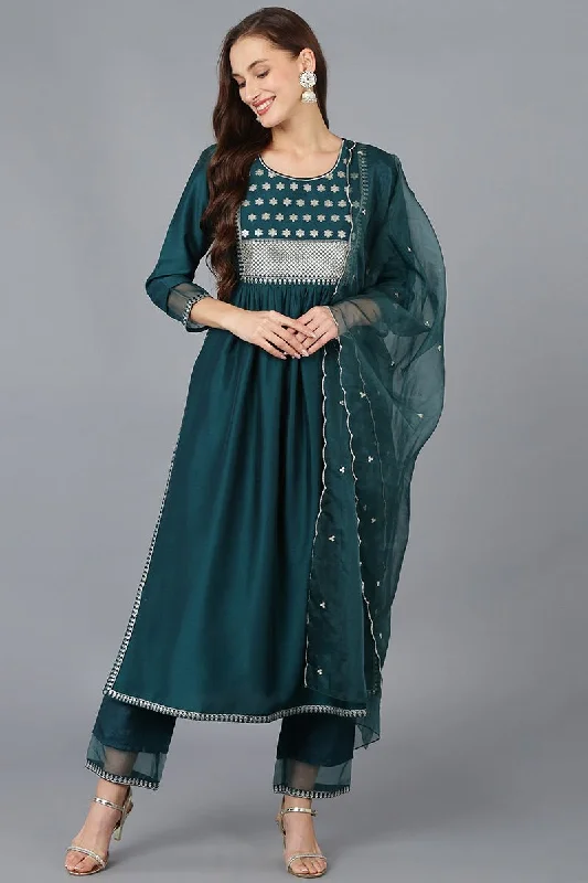 Ahika Teal Silk Blend Solid A-Line Kurta Trousers With Dupatta Trousers Flared Retro