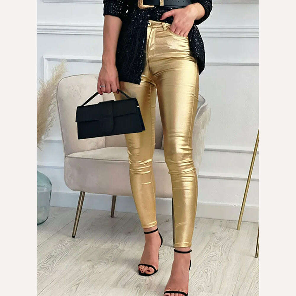 Women Leggings Faux Leather Pants Autumn Winter Gold Silver Fashion Lady Trousers Sexy Skinny Tight Pocket Button Female Pants Trousers stylish elegant Women Leggings Faux Leather Pants Autumn Winter Gold Silver Fashion Lady Trousers Sexy Skinny Tight Pocket Button Female Pants Trousers stylish elegant
