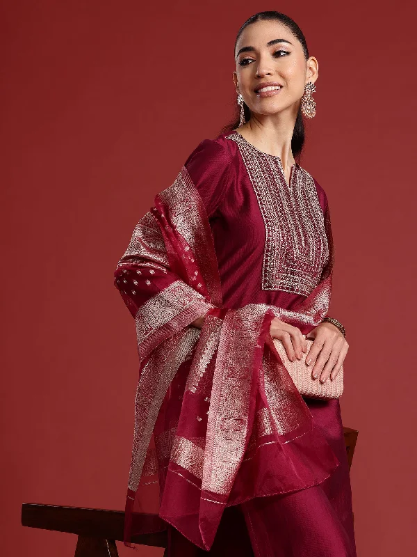 Women Burgundy Embroidered Straight Kurta Trousers With Dupatta Set - Taantav Trousers Satin Smooth