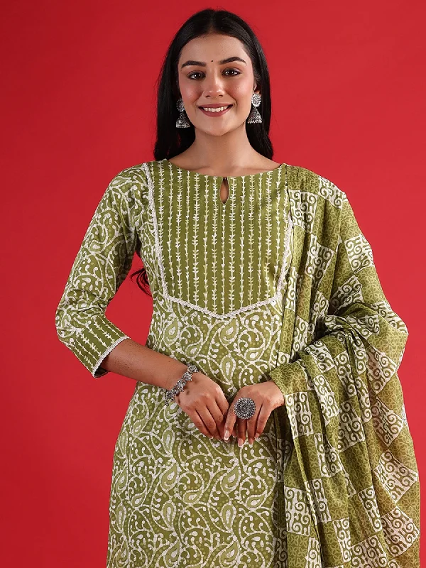 Women Green Printed Straight Kurta Trousers With Dupatta Set - Taantav Trousers Culottes Wide Leg