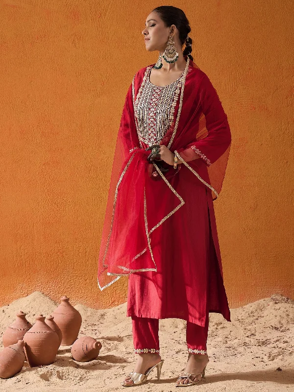 Women Red Embroidered Straight Kurta Trousers With Dupatta Set - Taantav Trousers Winter Warm