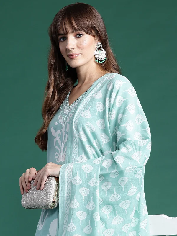 Women Green Printed Straight Kurta Trousers With Dupatta Set - Taantav Trousers sophisticated sleek